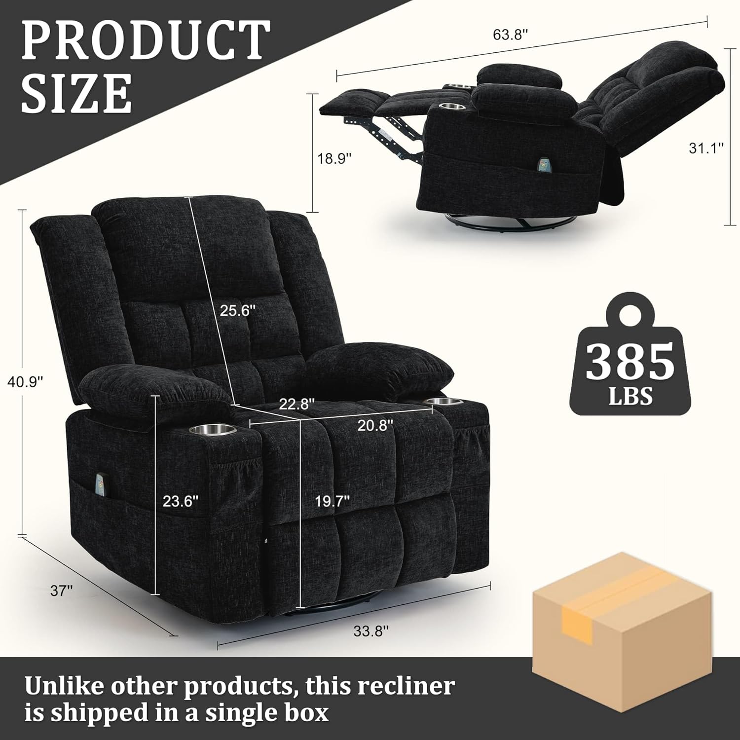 Korser Adult 360° Rotating Recliner with Massage and Heating Functions, Cup Holder and Manual Tilt Mechanism, Suitable for Living Room and Bedroom (Fabric, Black)