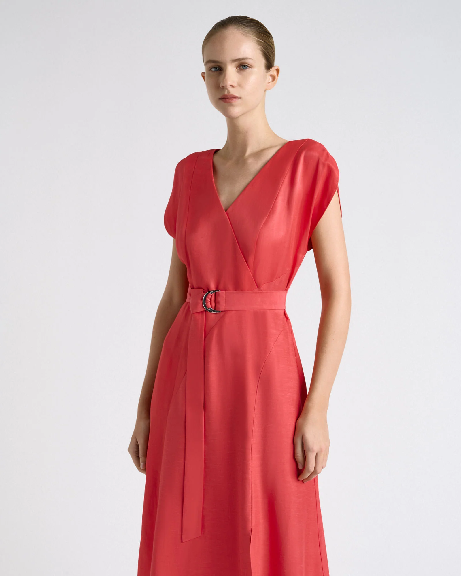 Belted V-Neck Midi Dress
