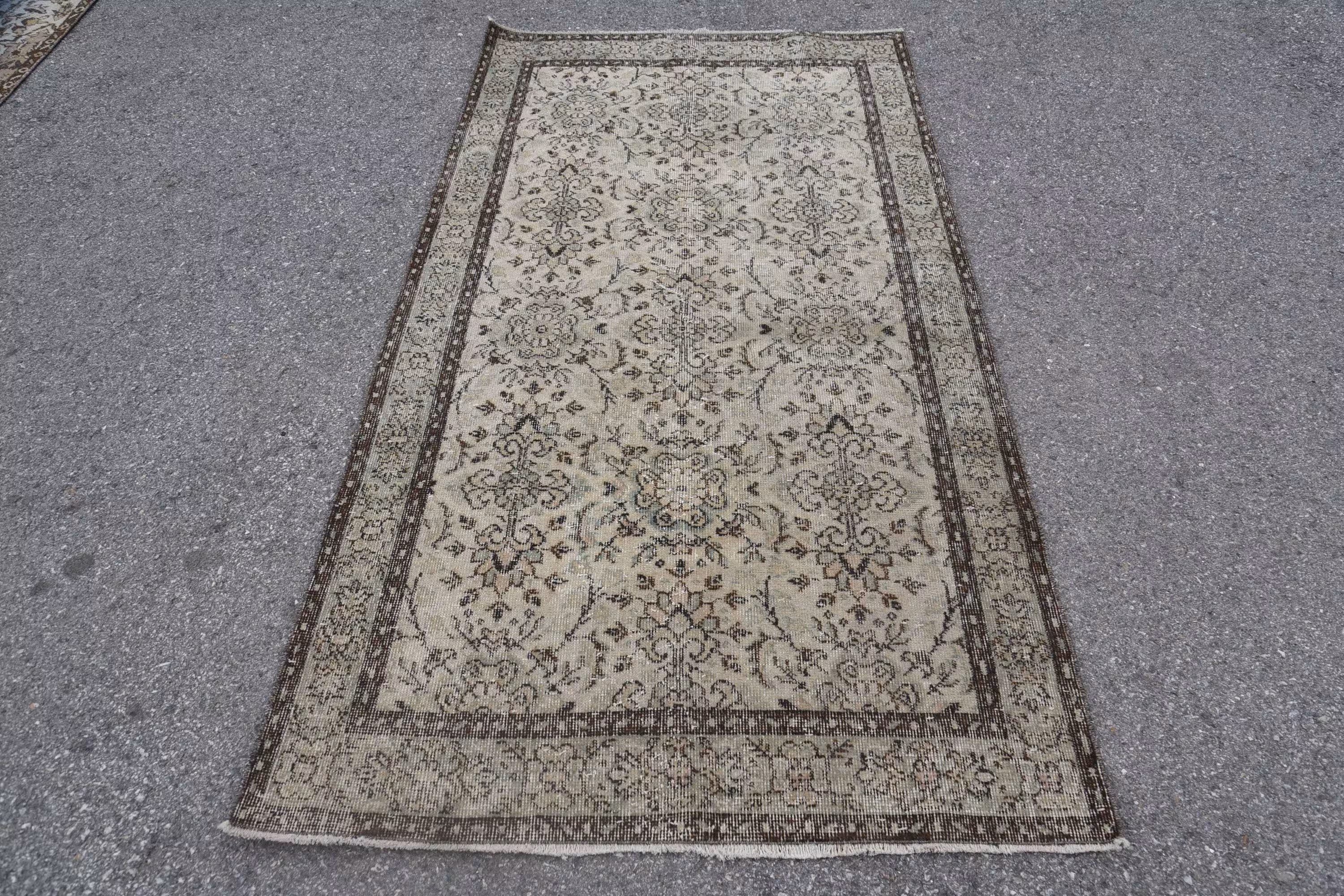 Vintage Turkish Oushak Area Rug 3.8x6.9 ft, Beige Polka dot Rug Wool