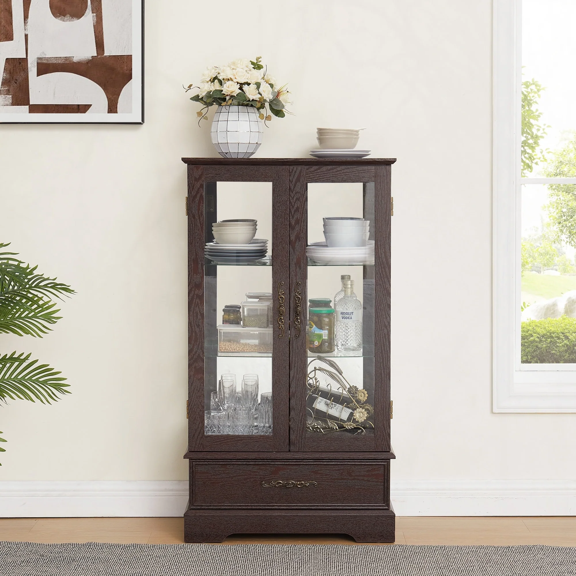 Lighted Glass Cabinet Curio Display Cabinet,Cherry