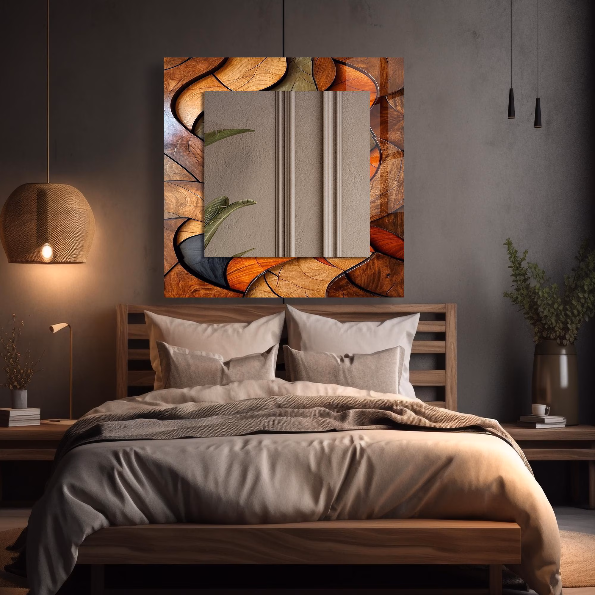 Wood Theme Round Wall Mirror: Tempered Glass, Steel Hangers