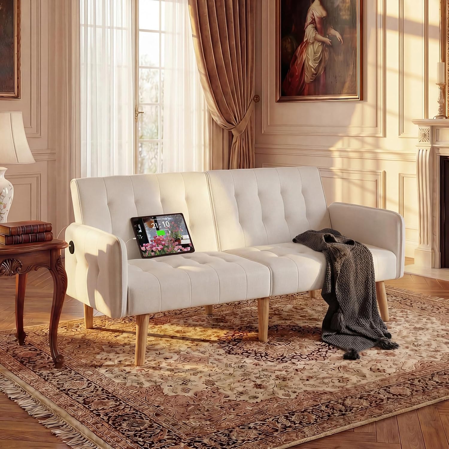 TYBOATLE Modern White Faux Leather Upholstered Convertible USB Folding Futon Sofa Bed, 65 Couch, Love Seats Furniture for Small Space Configuration, Apartment, Dorm, Living Room, Office