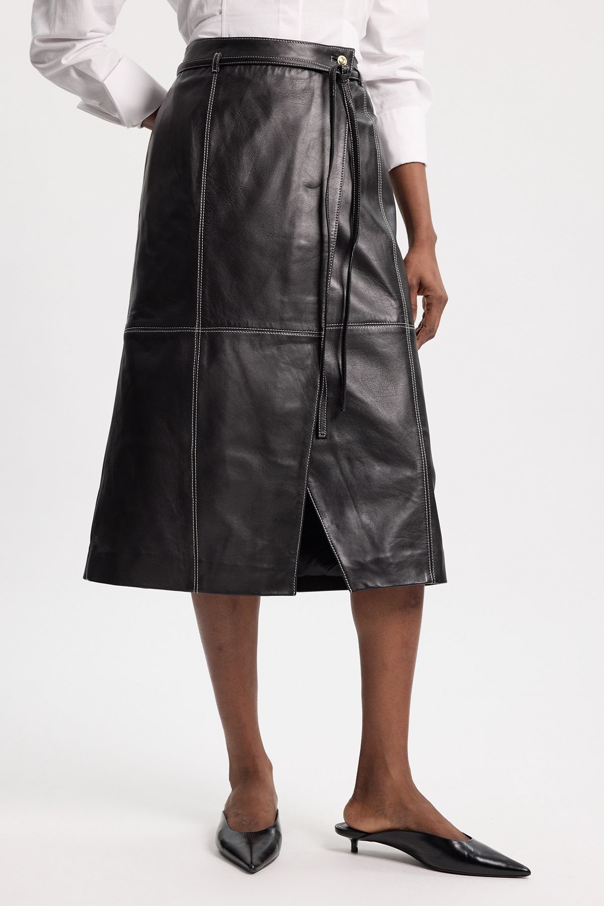 KarenMillen Leather Tie Up Belted Midi Skirt