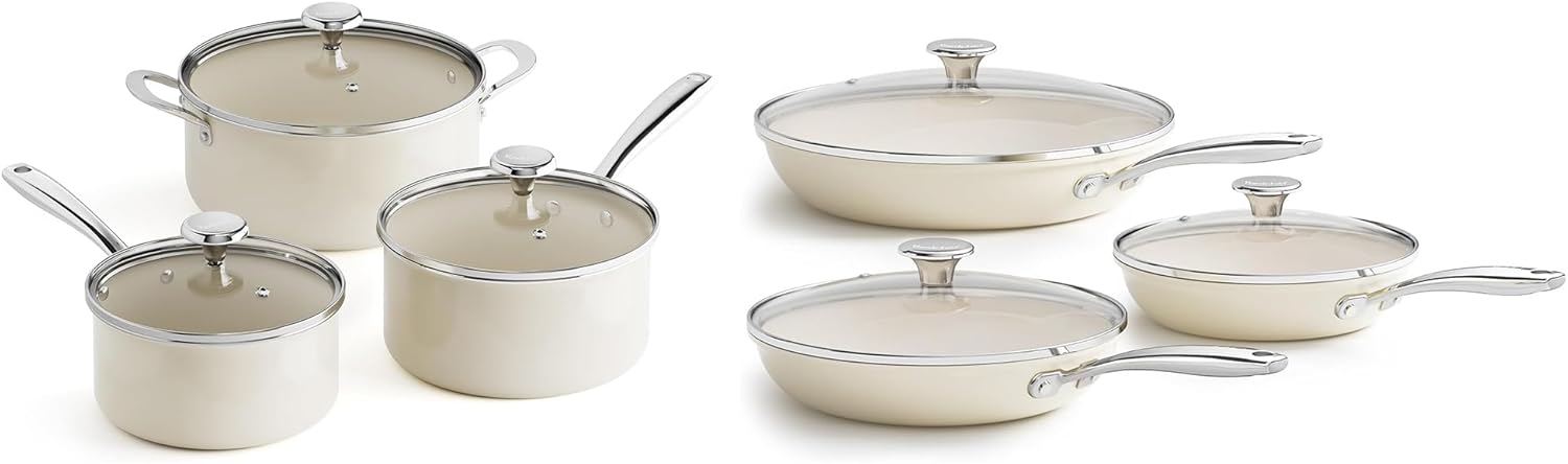 Redchef Cooking Pot Set Induction 5Qt, Saucepan Set 2.5/3.5Qt 8 9.5 11 Frying Pan Set with Tempered Glass Lids, Stay-Cool Handles, Oven/Dishwasher Safe, PTFE PFAS Free (Beige)