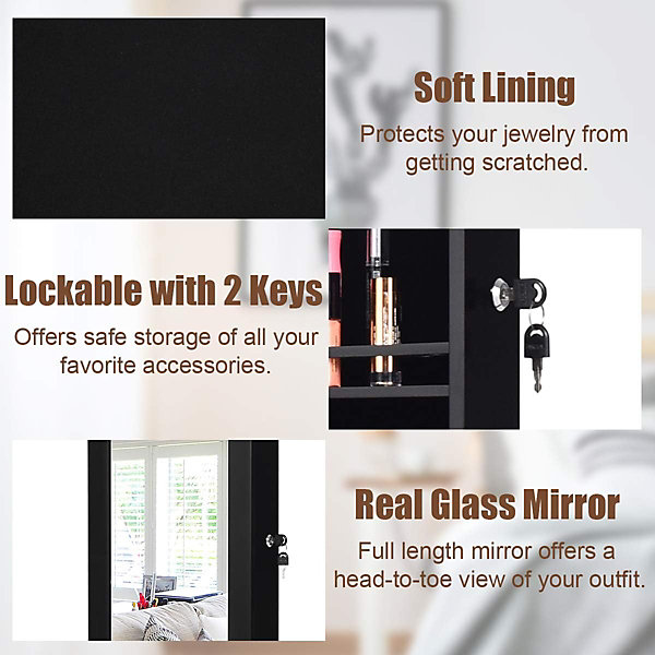 Armoire à Bijoux Murale avec Miroir Pleine Longueur avec Lumières LED Automatiques Miroir Intégré Serrure à Clé Noir