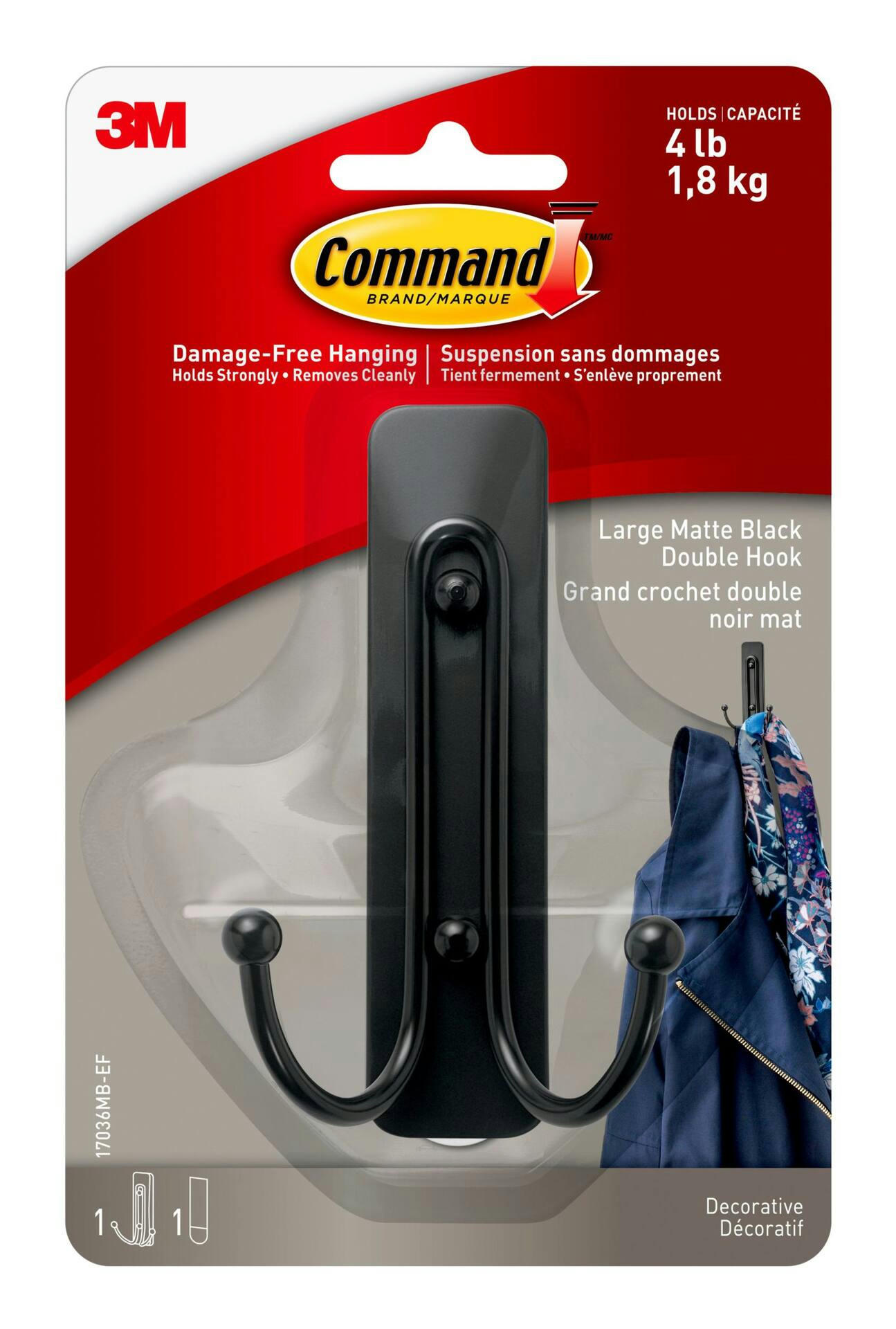 Command Large Double Hook with Adhesive Strips, Matte Black, 4-lbs, 1 Strip per Pack