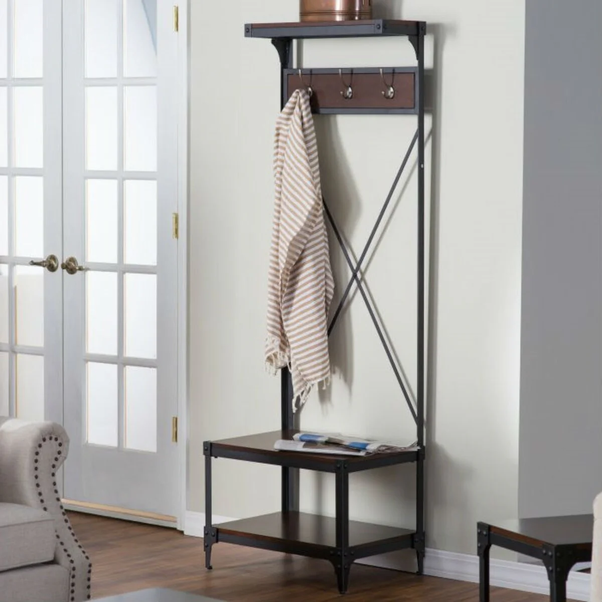 Daily Boutik Rustic Dark Brown Espresso Black Metal Frame Entryway Storage Hall Tree - 24 x 17 x 72