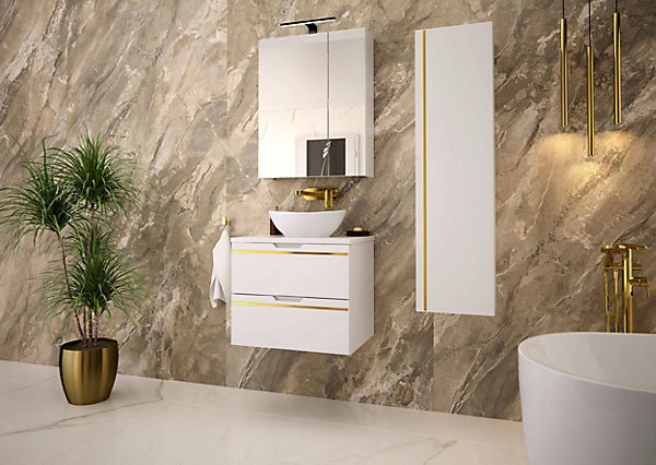 Meuble sous vasque suspendu ESPERO blanc 80 cm - bande décorative dorée