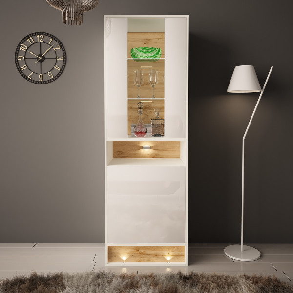 Witryna 180cm - Vision 4 Biały - Wotan mat - Biały połysk