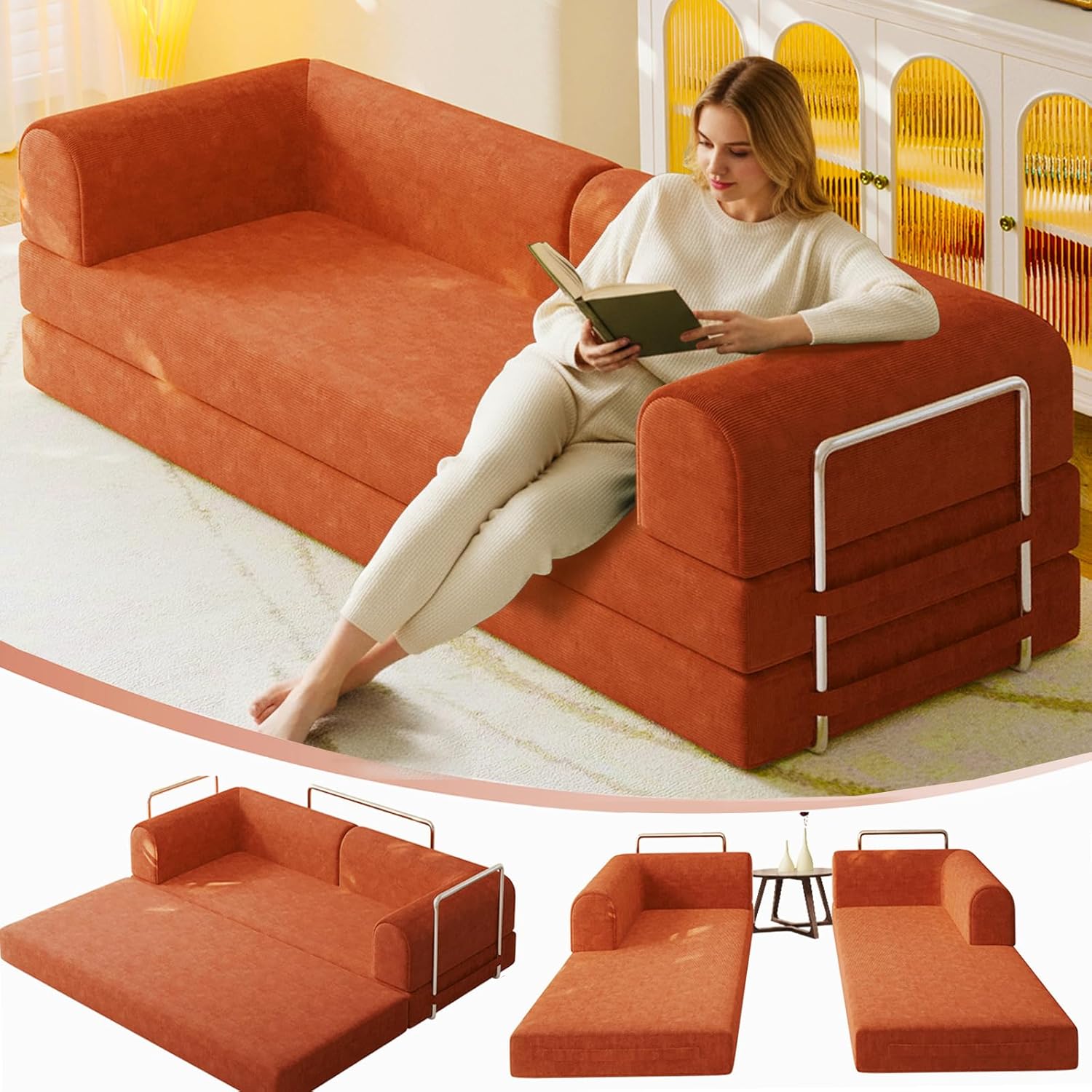 79” Convertible Sofa Bed, 35D High-Density Foam&Corduroy Fabric Sleeper Couch Bed, Fixed-Shape Frame & Removable Armrests,Modular Folding Small Loveseat Futo, Sectional Funto Couch for Small Spaces