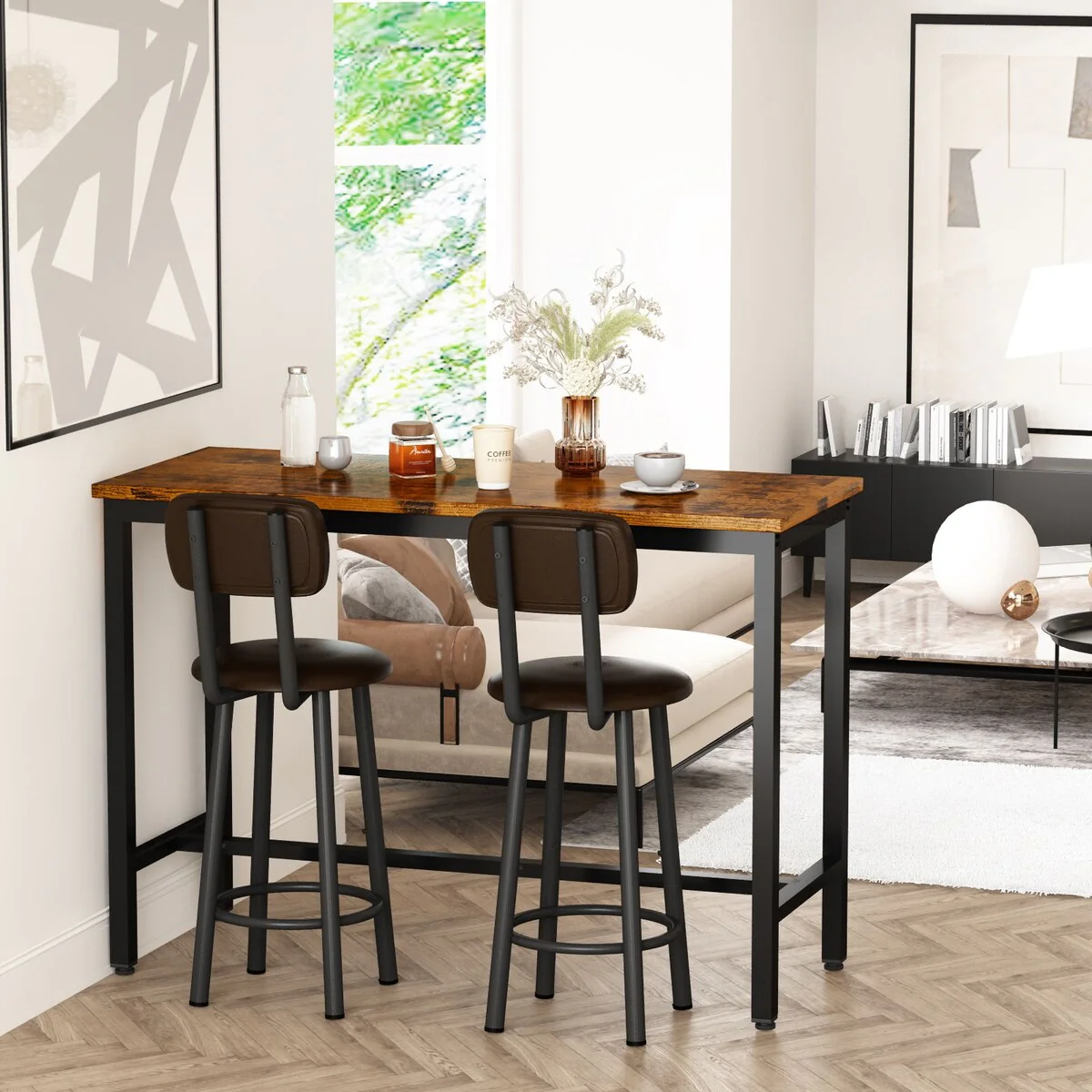 47.2 Bar Table Set of 2, 3 Piece Breakfast Bar Table Sets for Living Room, Kitchen, Bar