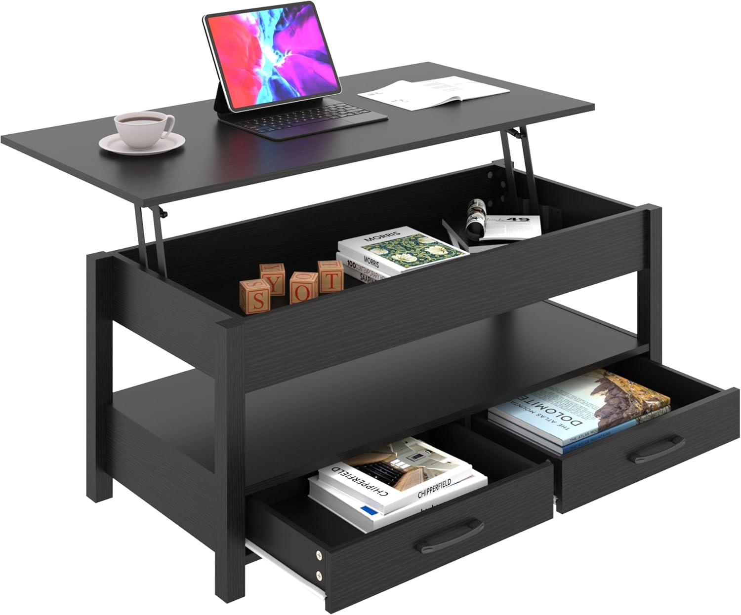 Panana Coffee Table, Lift Top Coffee Table with Hidden Compartment, 2 Drawers and 1 Open Shelf, Retro Central Wooden Table Lift Tabletop for Living Room (Black)