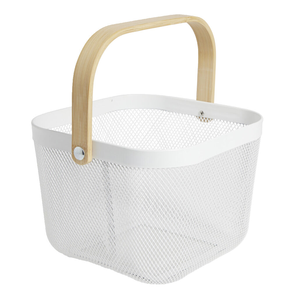 Corbeille à fruit métal mesh blanc et anse bambou