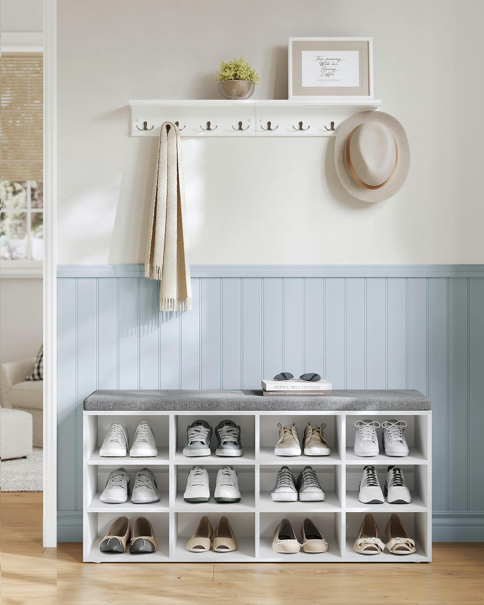 - Banc à chaussures avec coussin et 12 compartiments blanc