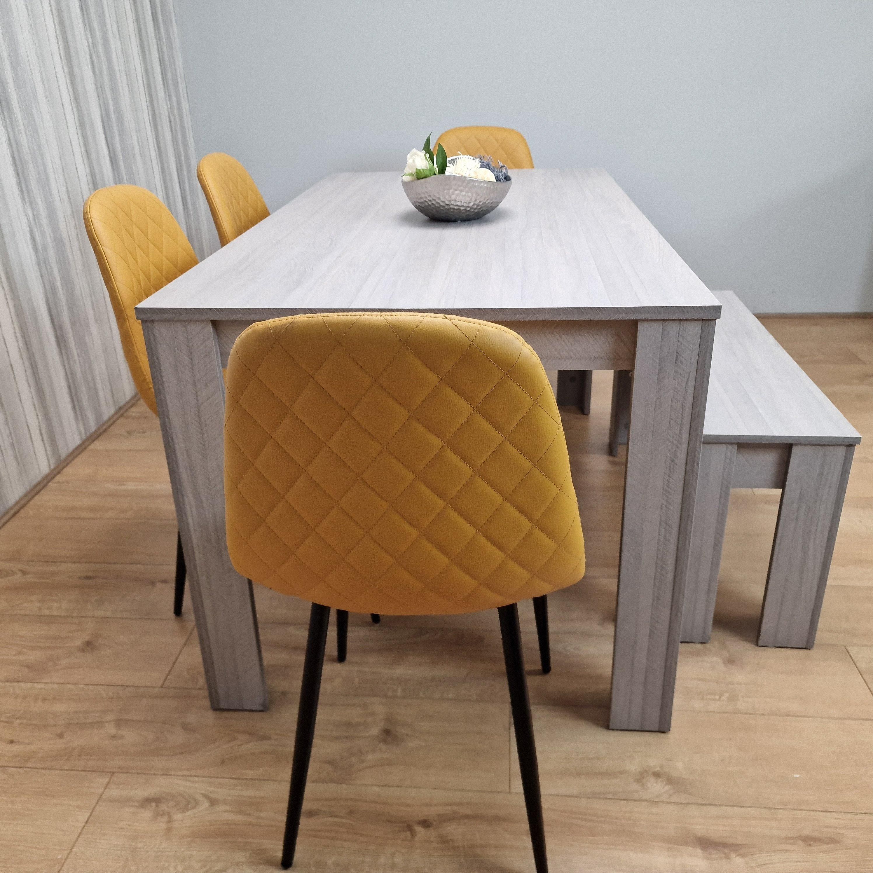 KOSY KOALA Mid Grey Dining Table with 4 Diamond Stitched Mustard Chairs and 1 Bench