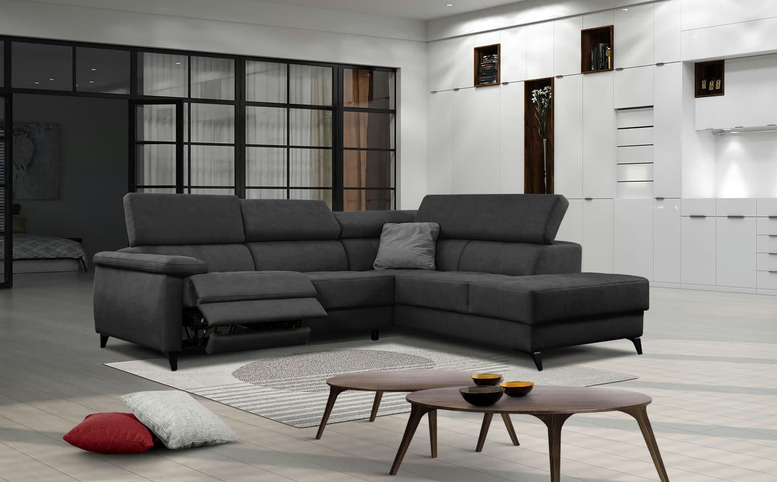 TAUNUS - Le canapé d'angle droit 5 places noir avec une relaxation