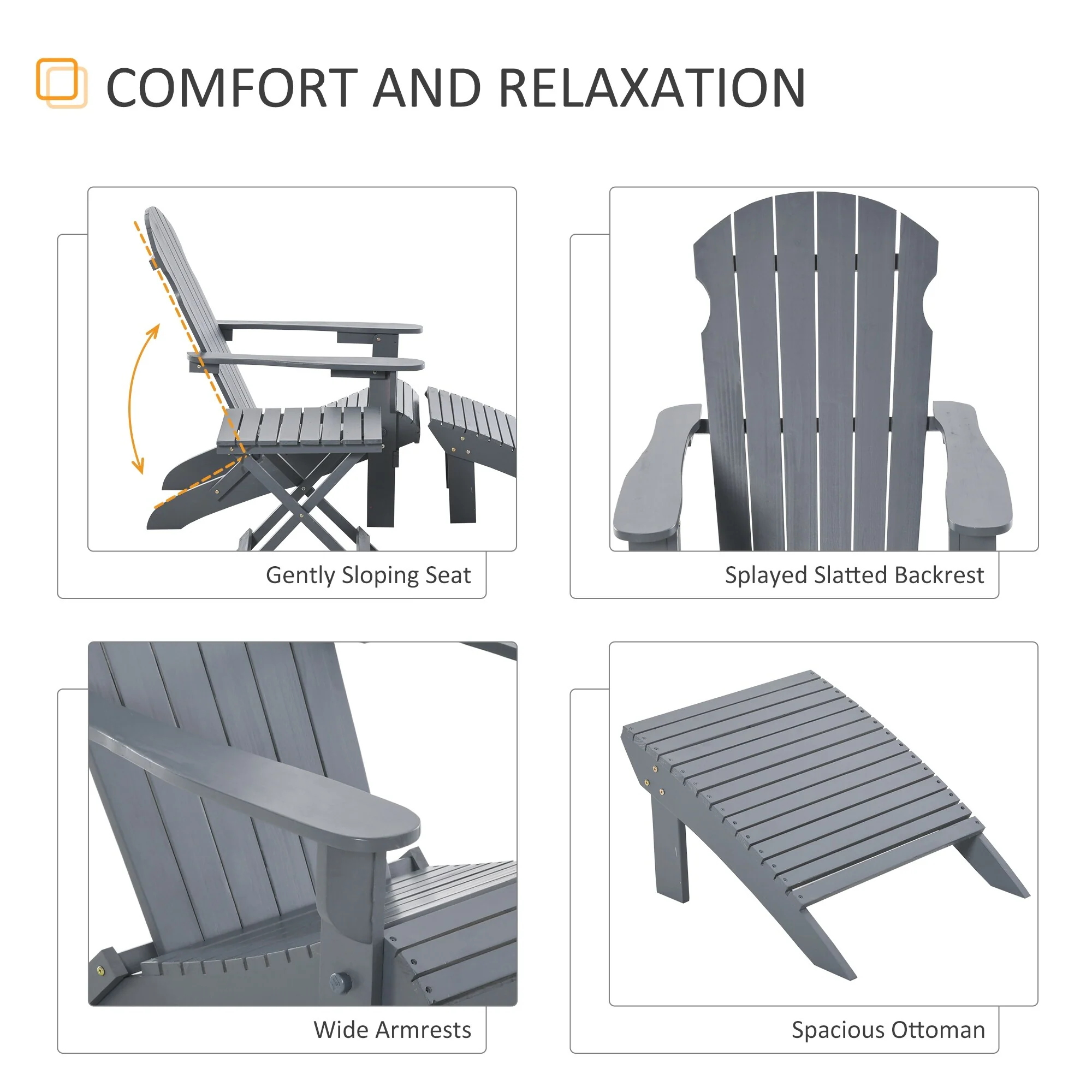 3-Piece Folding Adirondack Chair With Ottoman And Side Table, Outdoor Wooden Fire Pit Chairs W/ High-Back