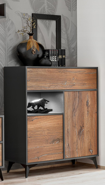 Pan Igiełka Komoda Dąb Bijoux Antracyt 3 Drzwiowa LED Nowoczesna Loft
