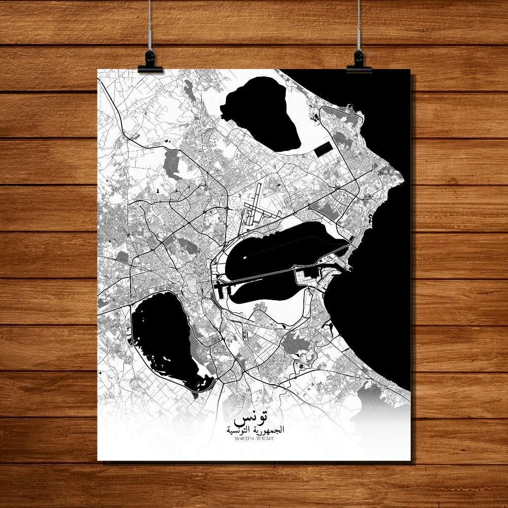 TUNIS - Affiche Tunis Carte N&B 40x50