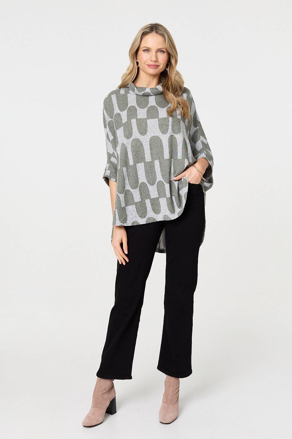 Izabel London Geo Print Roll Neck Oversized Top