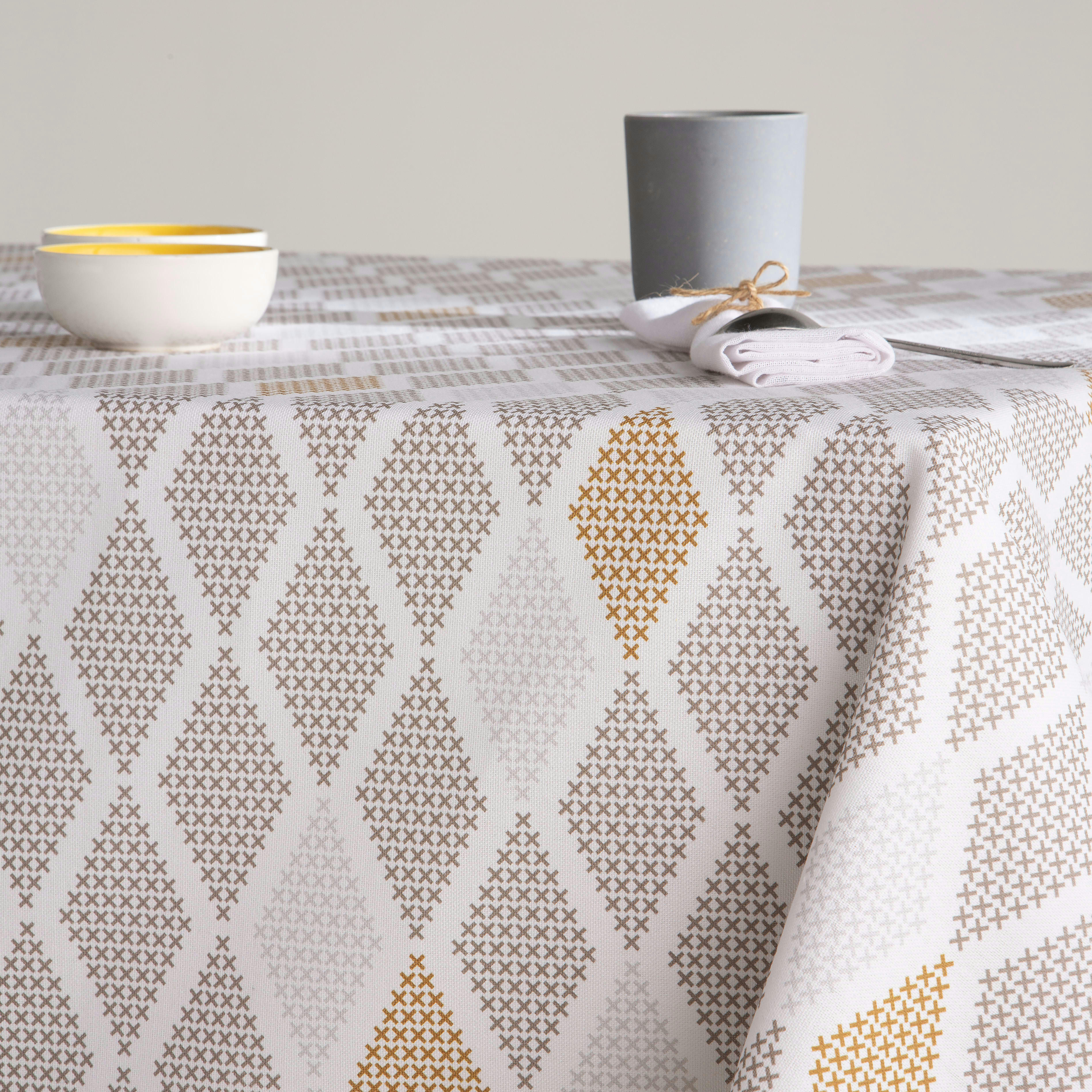 CROSS BEIGE - Nappe en coton biologique antitâche beige géométrique 140x300 cm