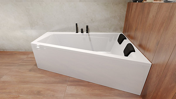 Baignoire asymétrique 170 x 125 Droite INTIMA acrylique blanc, sans Habillage   étagère bambou   Pieds   Vidage à chromé