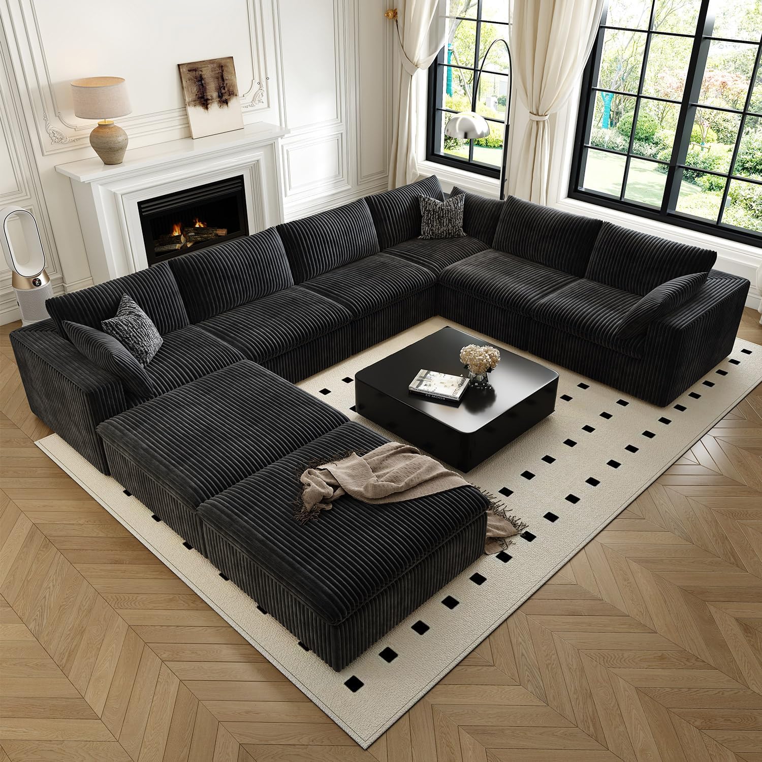 157.5 Cloud Couch Oversized Modular Sectional Sofa for Living Room,Modern Sofa with Deep Seat，8 Seater Boneless Couch with 2 Ottoman,Comfy Upholstered Couches for Apartment, Studio, Office,Black
