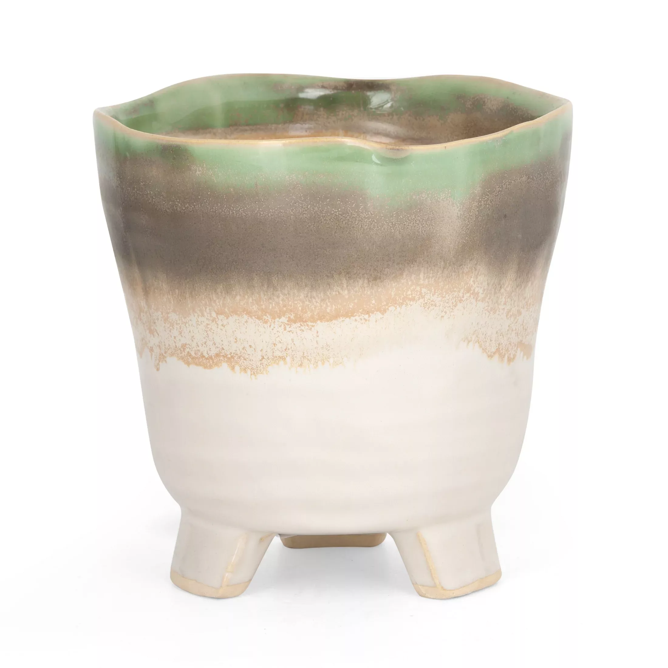 Osłonka ceramiczna na donicękremowo-beżowa w stylu boho z cieniowaniem średnica 15x15 cm KATIA