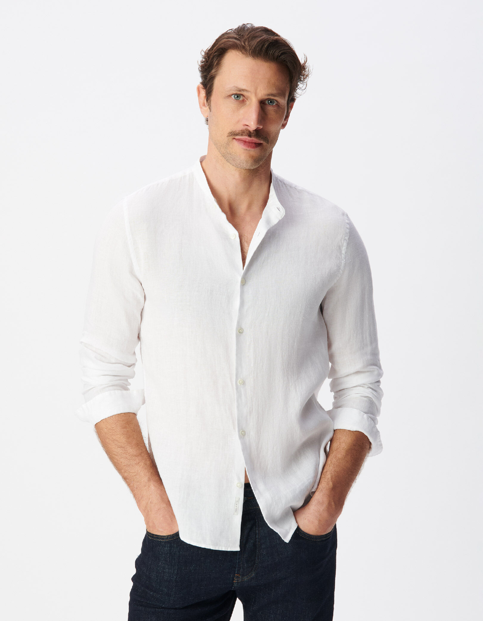 Chemise regular blanche 100% lin col Mao Homme