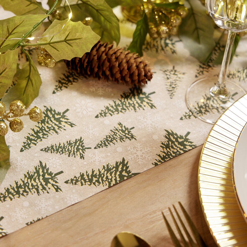 Chemin de table No&euml;l blanc motifs sapins et flocons 3m