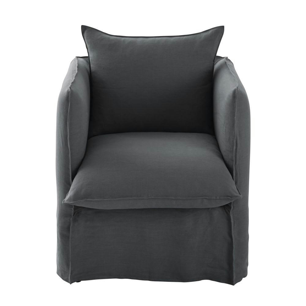 Louvain - Housse de fauteuil en lin froissé gris anthracite