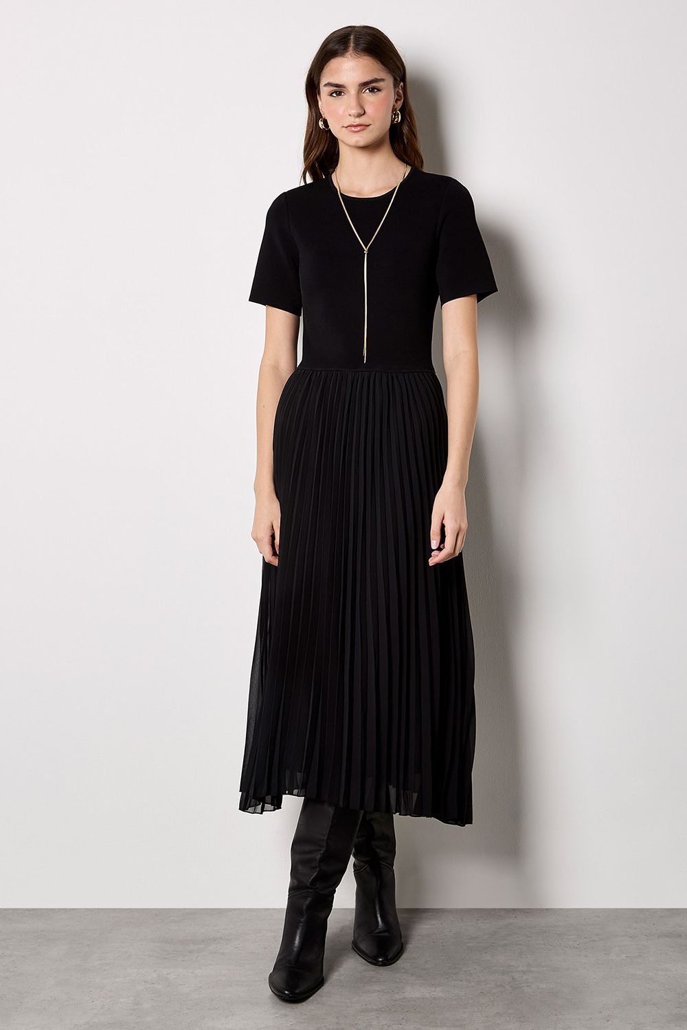 Apricot Rib Knit Chiffon Skirt Midi Dress