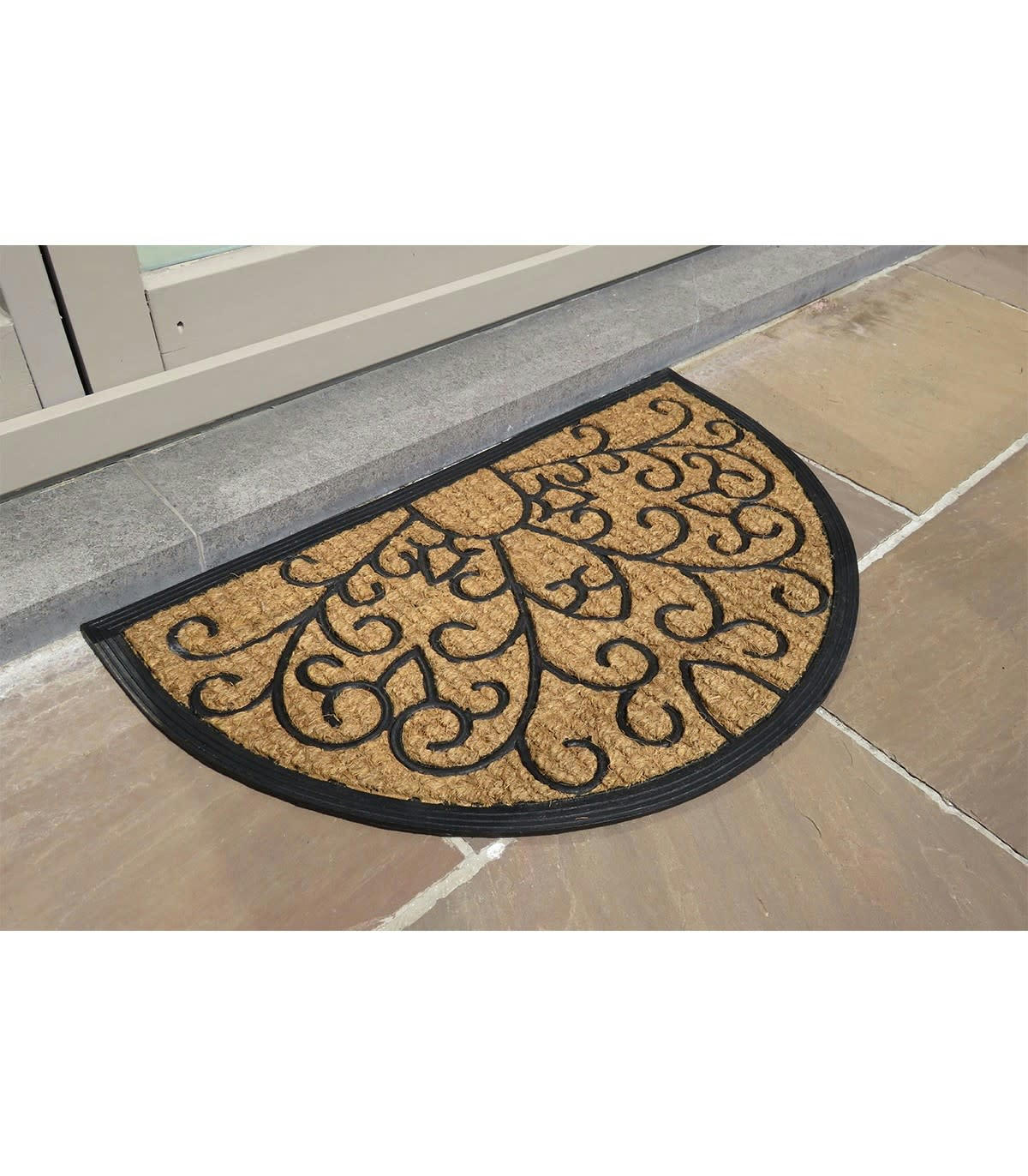 - Paillasson coco demi-lune arabesques caoutchouc 45x75cm - Marron