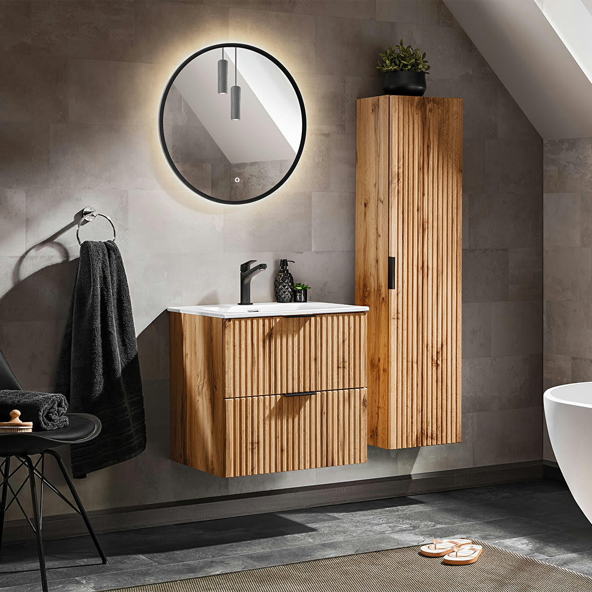 - Ensemble meuble simple vasque encastrée 60cm et colonne naturel