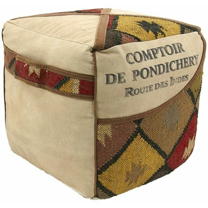 - Pouf en coton kilim et cuir