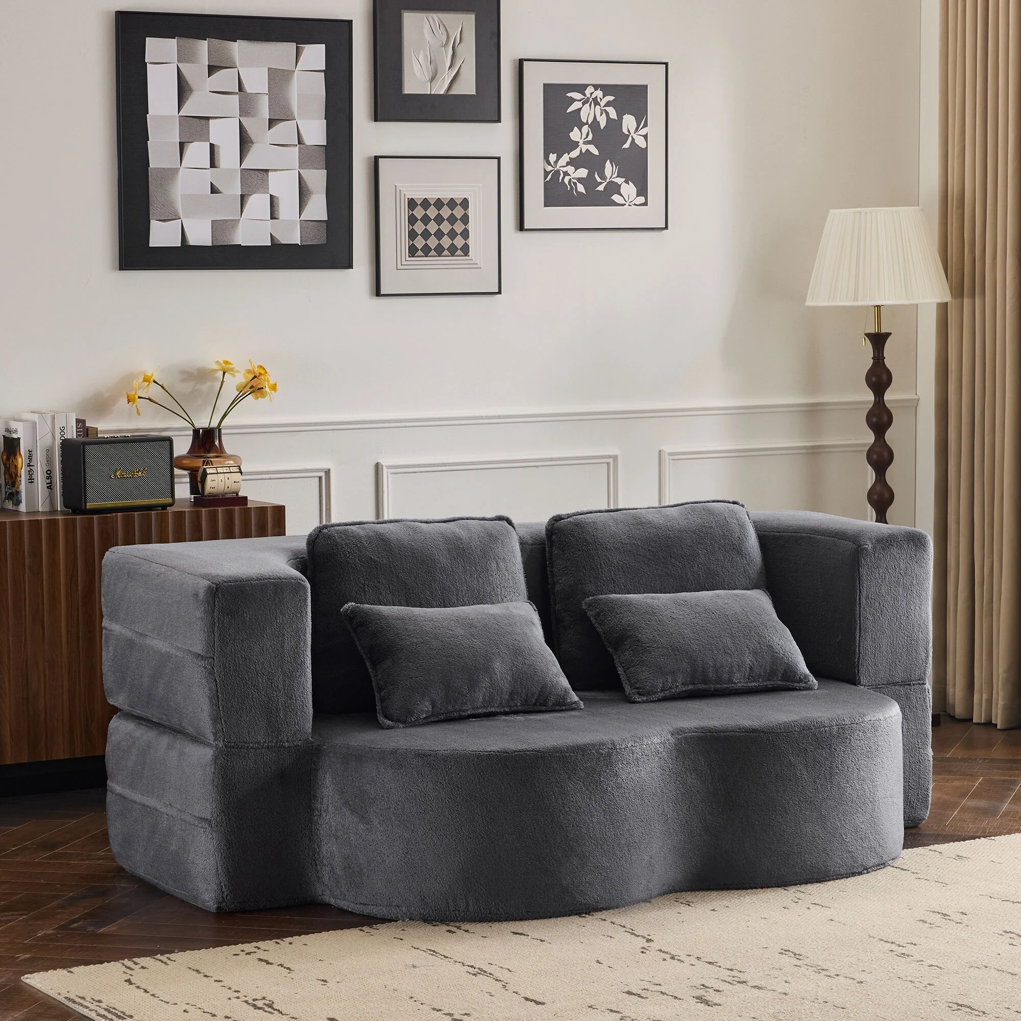 Queen Size Foldable Sofa Bed, Chenille Futon Sofa Couch, Foldable Floor Couch Bed for Living Room