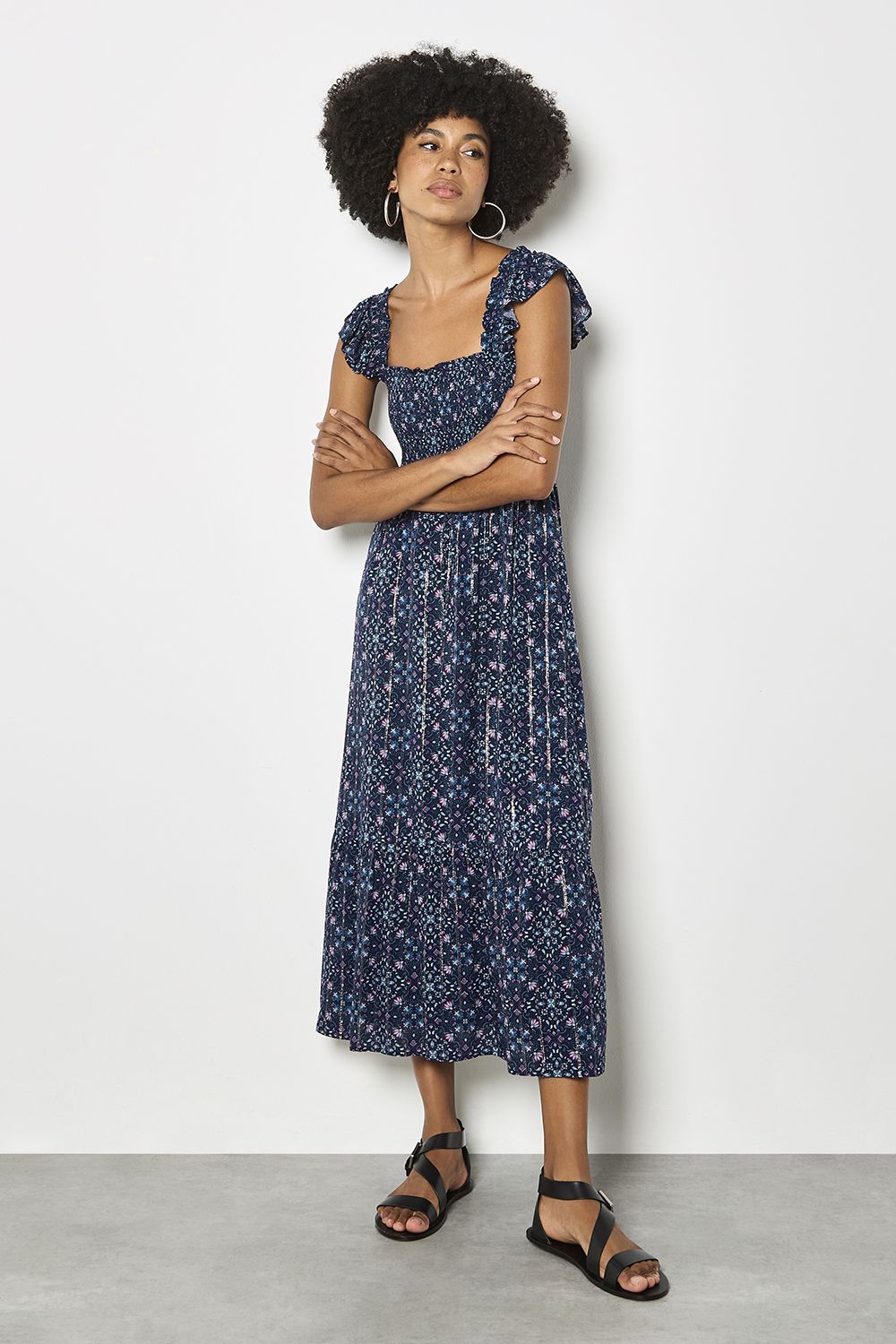 Apricot Folk Floral Metallic Midi Dress
