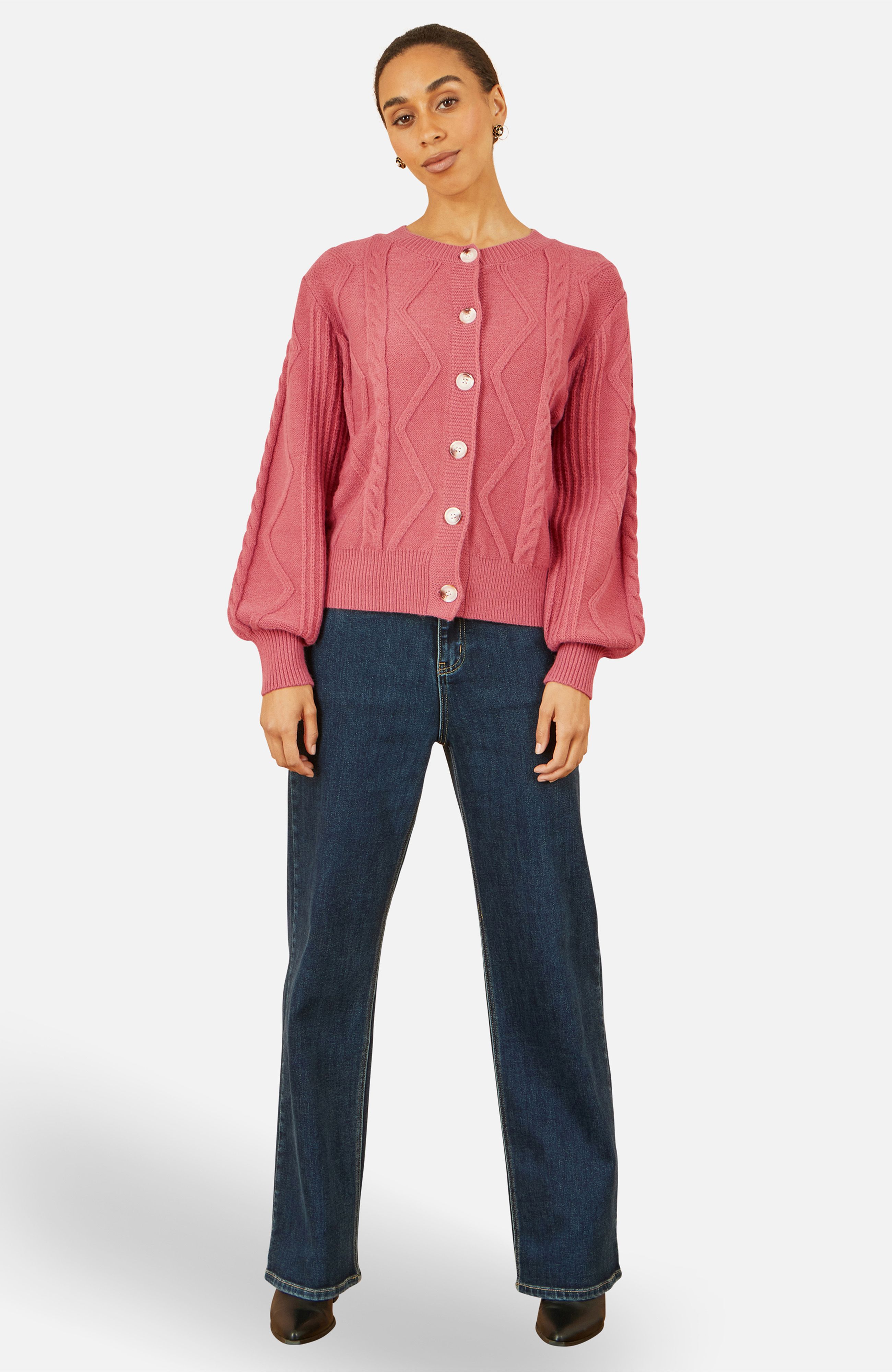 Yumi Pink Relaxed Fit Cable Cardigan