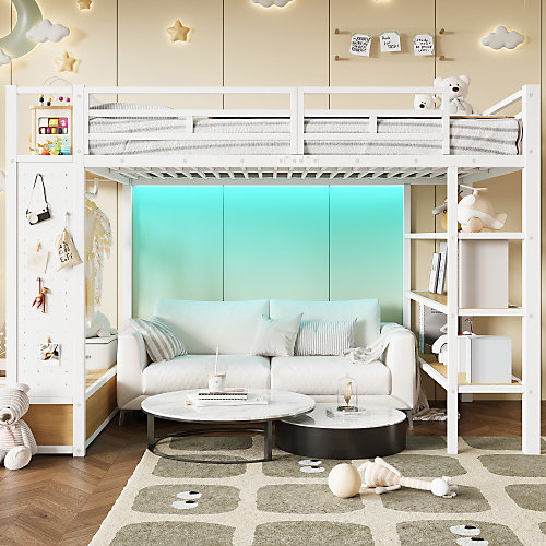 Lit mezzanine en métal 140x200cm avec LED -Armoire ouverte et 2 tiroirs - étagères panneaux de rangement - Blanc (sans matelas)