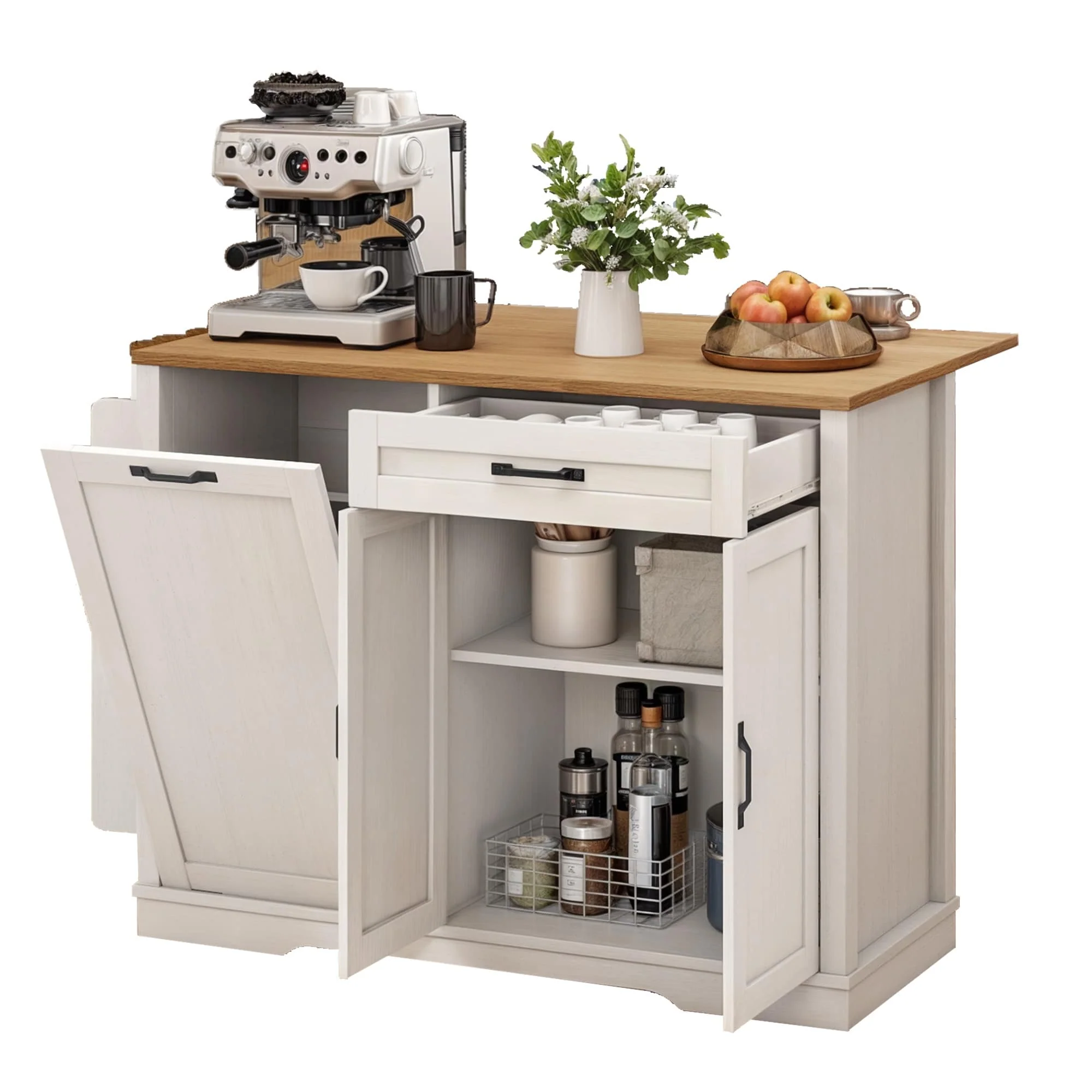 Moasis Rolling Portable Kitchen Island With Trash Can Storage Cabinet and Drawer&Floating Tabletop
