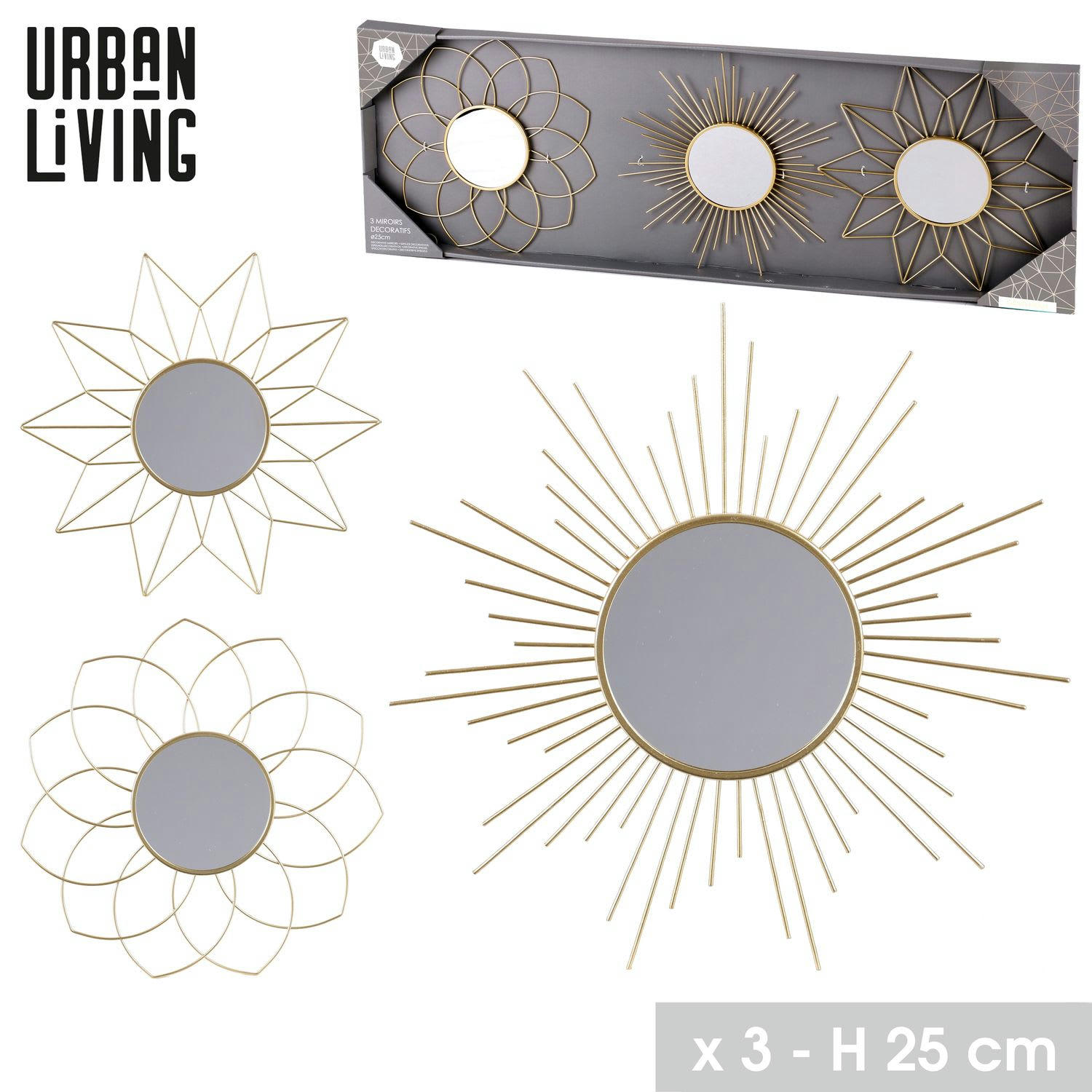 - Set de 3 miroirs gold doré