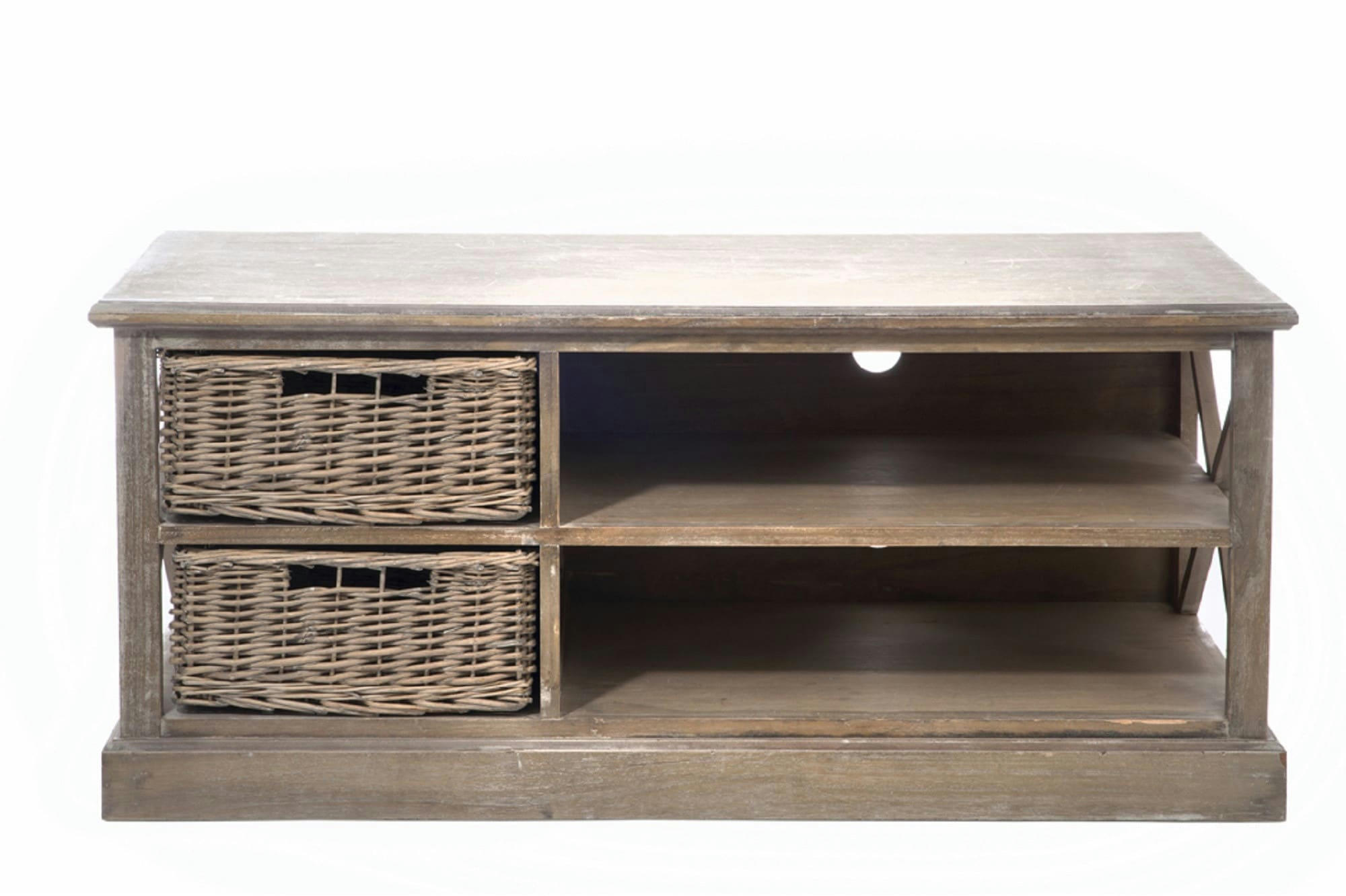 KÖRG - Meuble TV bas 2 niches et 2 paniers en osier