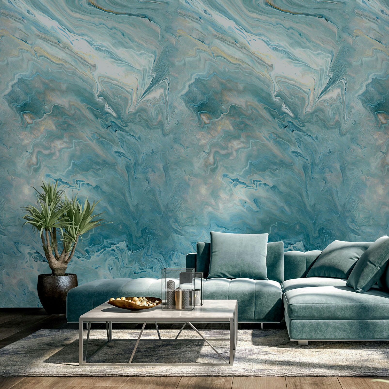 - Papier peint effet marbre bleu 159x280cm