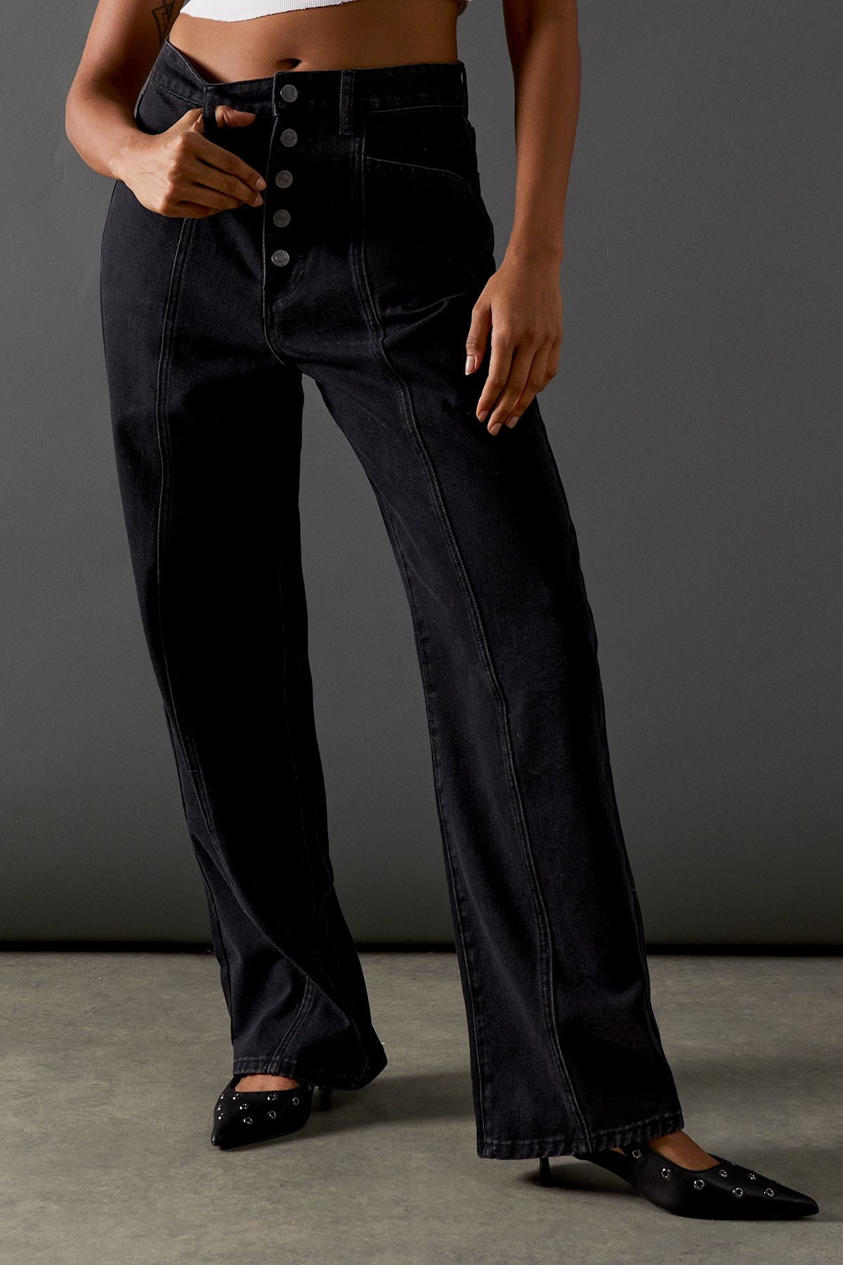 Warehouse High Waisted Button Fly Seam Detail Dad Jeans