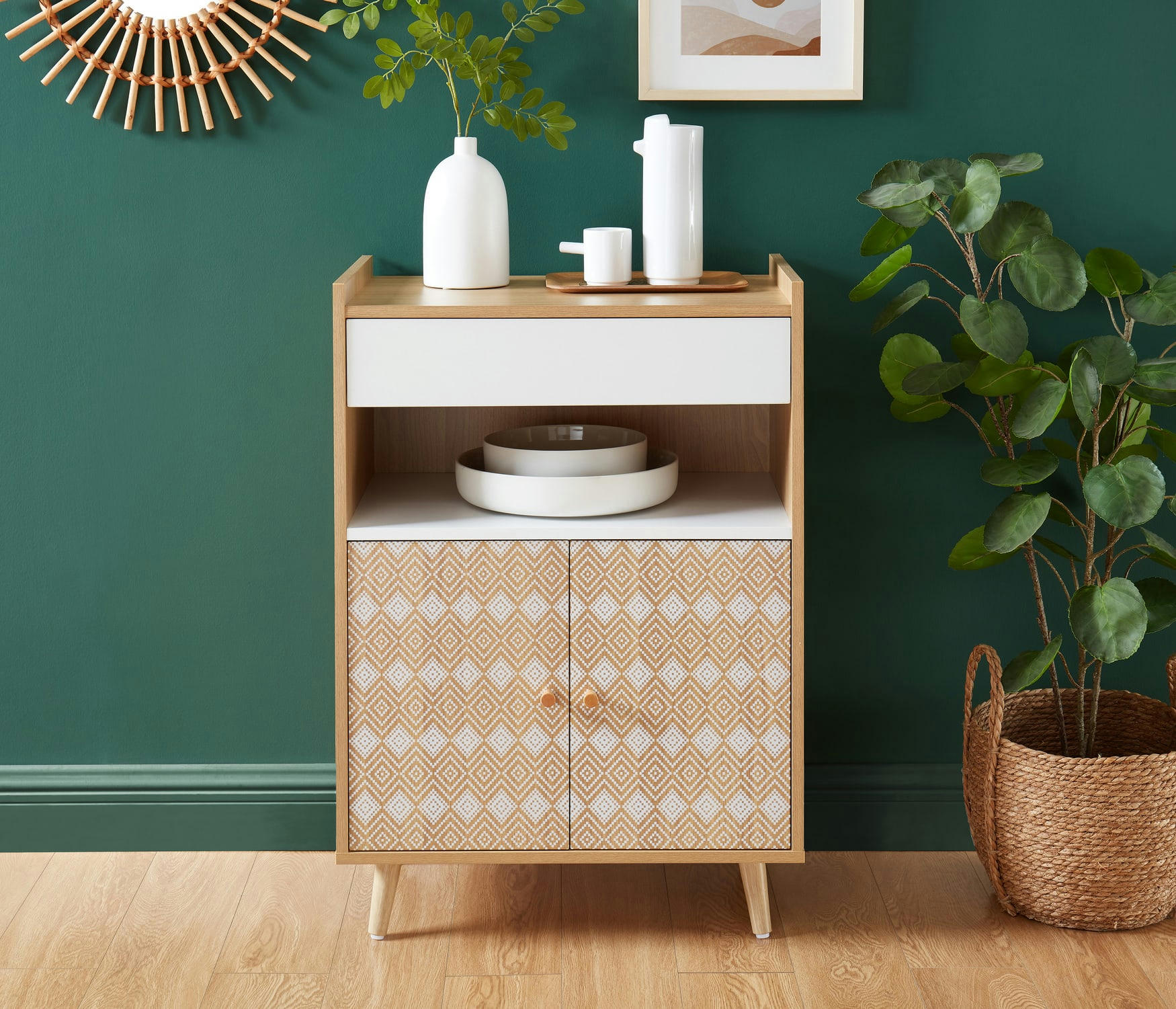 LEIKA - Desserte de cuisine   effet chêne et motifs blancs 60cm