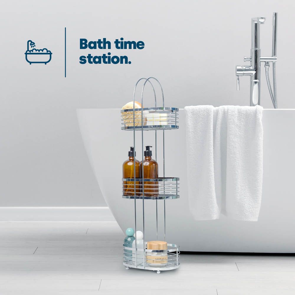 LIVIVO 3 Tier Floor Standing Bathroom Caddy Chrome Shower Organiser Storage Rack Freestanding No Assembly