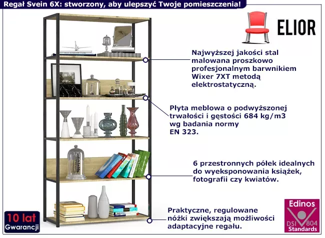 Otwarty regał z 6 półkami czarny   dąb artisan - Orlo