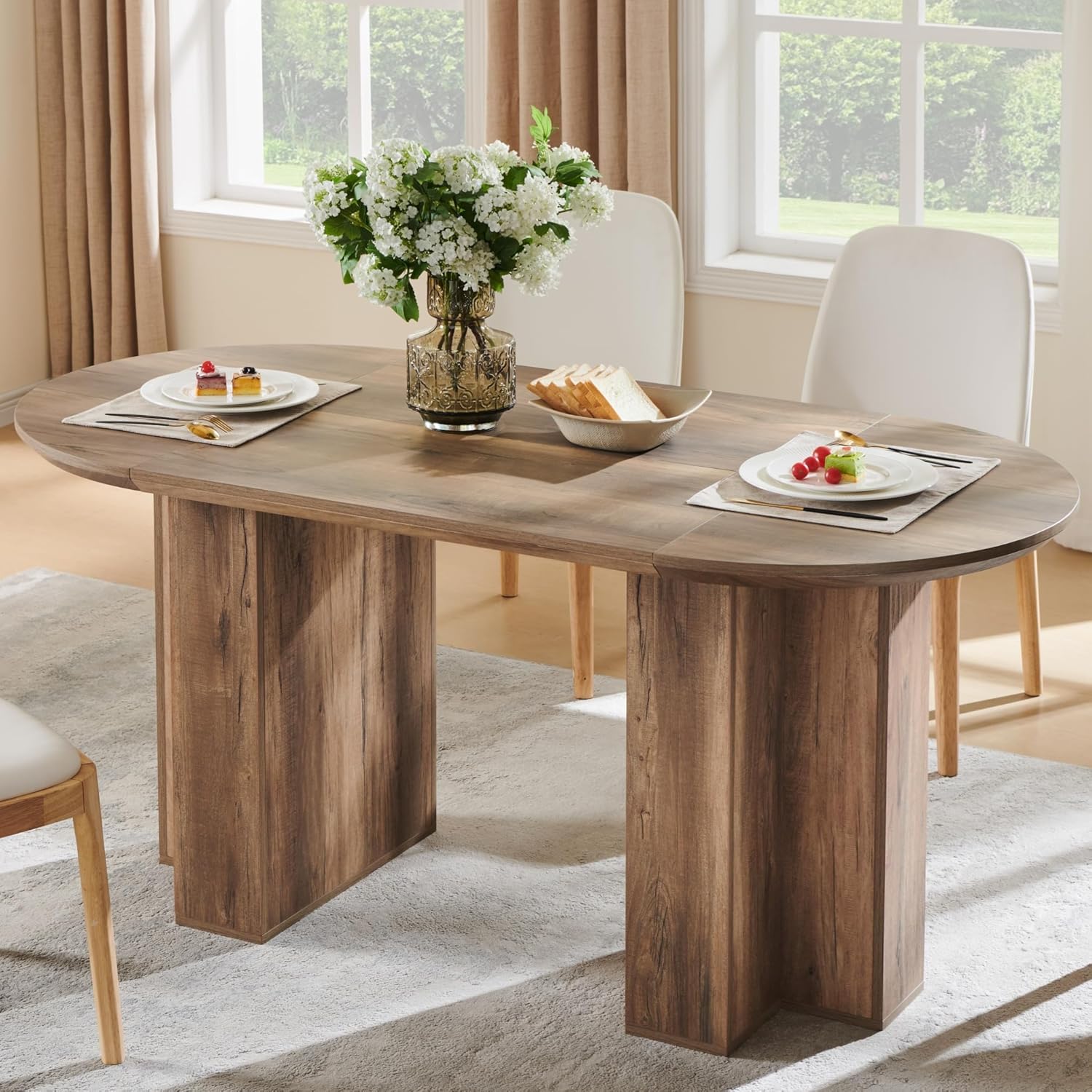 OKD 63 Inch Modern Wood Oval Dining Table for 4-6, Dining Room Table with Stable T-Shaped Base & Metal Frame & Thick Tabletop, Sturdy Kitchen Table for Dinner Room, Kitchen, Gathering, Rustic Oak