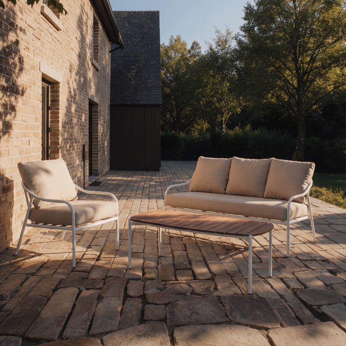 Tikamoon - 4-zits loungeset in écrukleurige stof en wit metaal Luca