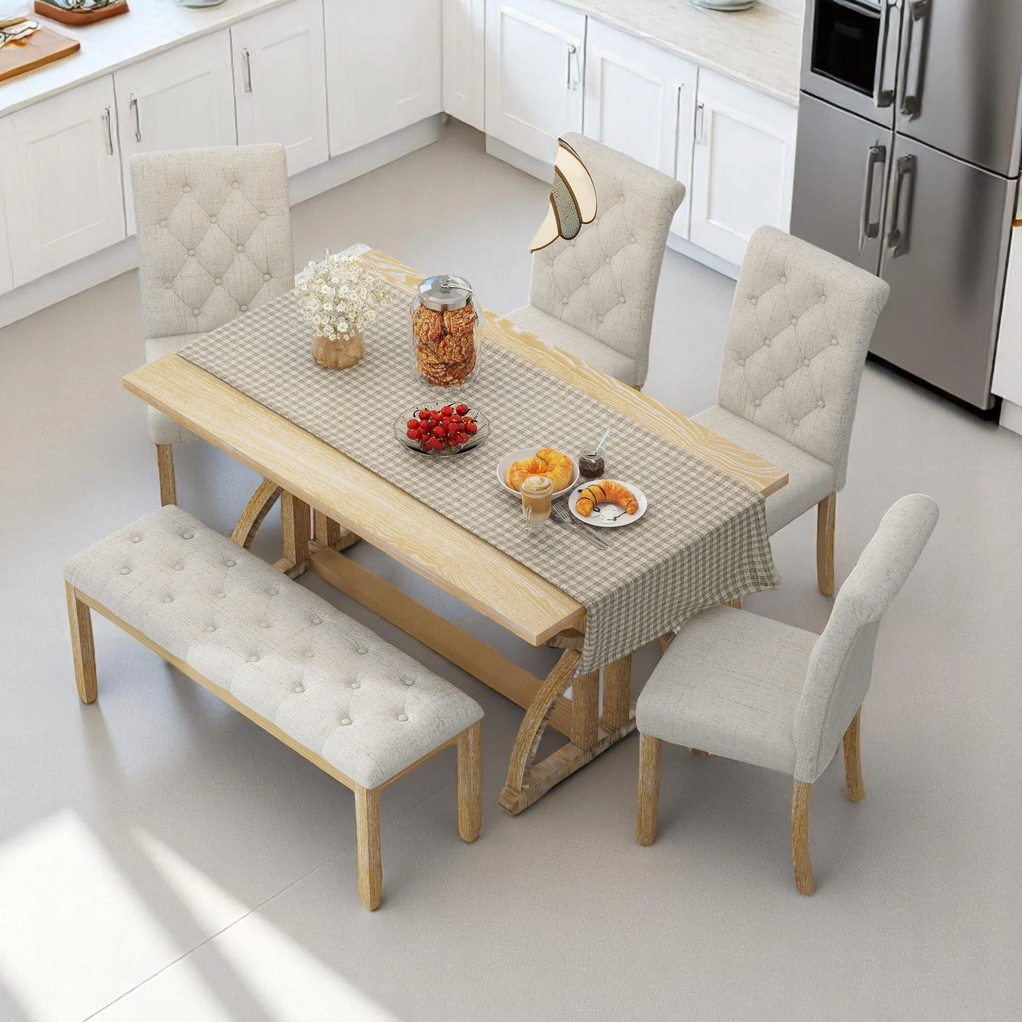 6-Piece Retro Rectangular Dining Table Set with Unique Legs, 4 Upholstered Chairs & 1 Bench for Dining Room and Kitchen